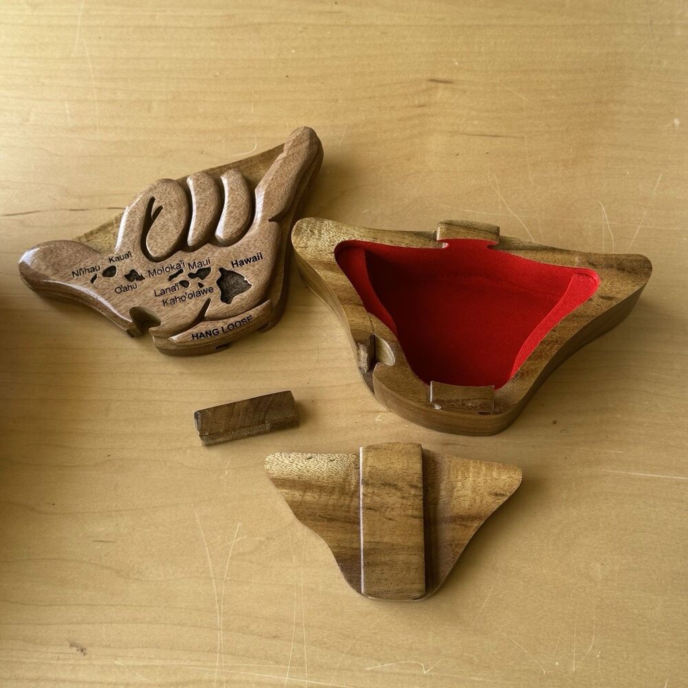 VTG Carved Wood Hawaii Hang Loose Hand Puzzle Box W Carved Islands Trinket Box - Picture 9 of 15